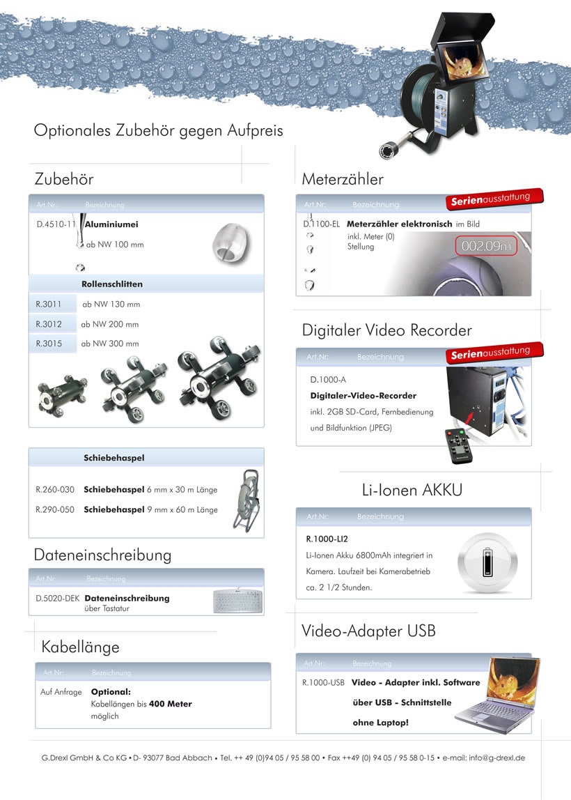 Rohrkameras direkt vom Hersteller G.Drexl. Wir liefern Rohrkameras innerhalb 24 Stunden. Zu spitzen Preisen mit der 100% Top Qualitt.