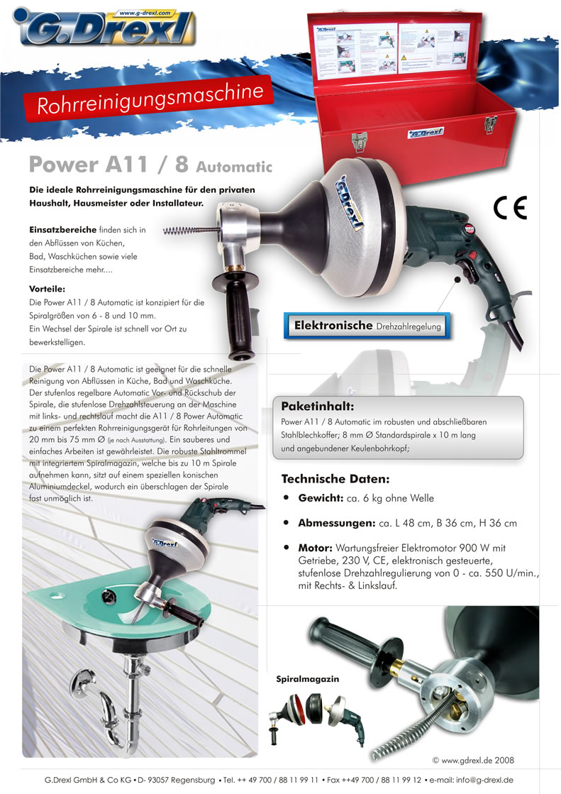 Profi Hand Rohrreinigungsgert Automatik, in Top Qualitt zu einem super Preis. Kostenlose Info 0800 200 66 77! Denn Beratung, wird bei uns gro geschrieben!