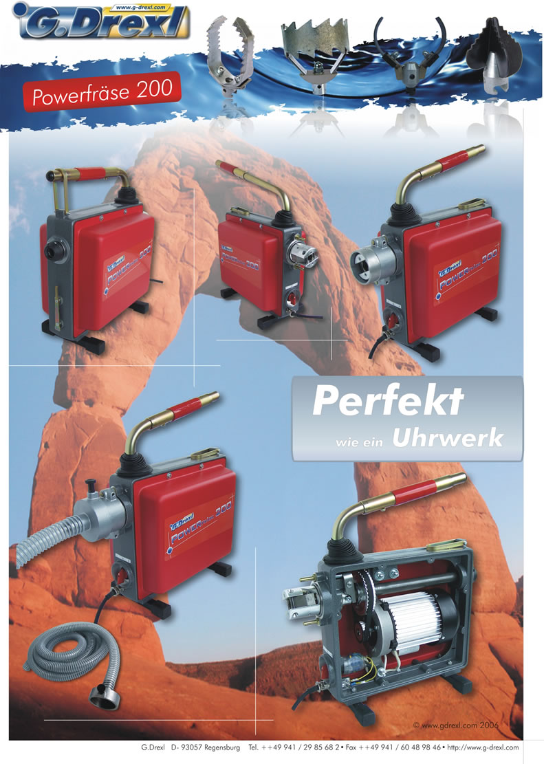 Profi Rohrreinigungsmaschine Powerfrse 200 von G. Drexl mit TV. Das Kraftpaket mit 1 PS Leistung zum super Preis und kostenloser Beratung unter 0800 200 66 77.