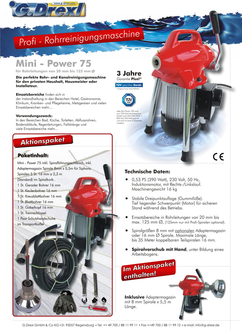 Hammer Preise für Rohrreinigungsmaschinen Typ Power 75 in spitzen Qualität und TÜV. Wir bieten den perfekten Service mit kostenloser Beratung Hotline 0800 200 66 77!